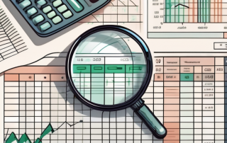 A magnifying glass hovering over a detailed spreadsheet with various utility icons (like water