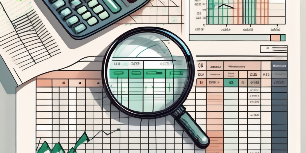 A magnifying glass hovering over a detailed spreadsheet with various utility icons (like water