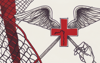 A broken tool (representing disability) wrapped in a safety net (representing insurance)