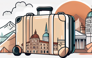 A travel suitcase with austrian landmarks like the vienna opera house