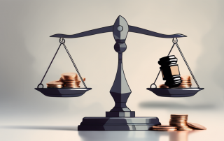 A balanced scale with a gavel on one side and a pile of coins on the other