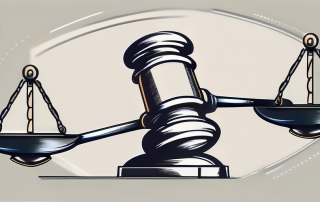A scale balanced with a shield on one side and a gavel on the other
