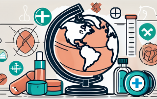 A globe with different medical symbols like a stethoscope