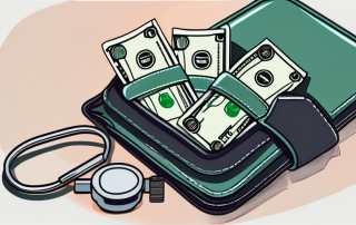 A wallet with money next to a medical kit