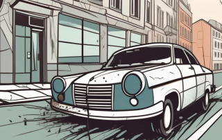 A crashed car with a broken rear view mirror and a fleeing bird