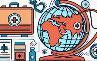 A globe with different medical symbols like a stethoscope