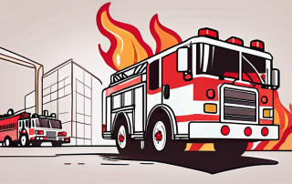 A fire truck in the midst of extinguishing a fire