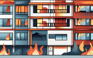 A residential building undergoing various elemental damages such as fire