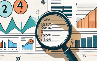 A magnifying glass hovering over a paper filled with numbers and graphs