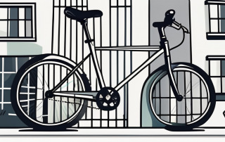 A bicycle leaning against a cityscape background