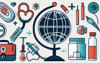 A globe with various health and medical symbols