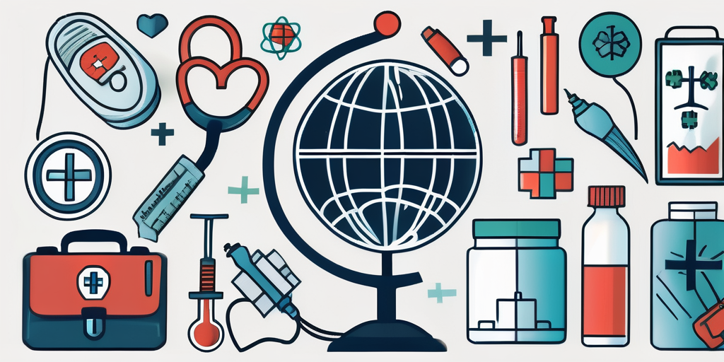 A globe with various health and medical symbols