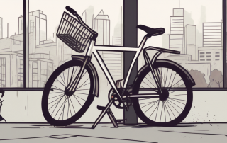 A bicycle locked up in a cityscape