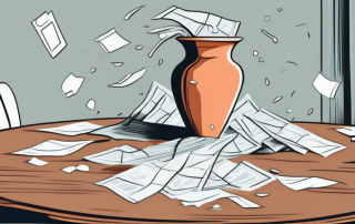 A broken vase under a tipped over table
