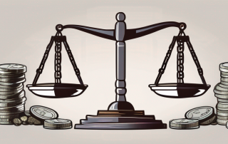 A balance scale with a gavel on one side and a pile of coins on the other