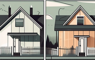 Two adjacent houses with a tall fence between them