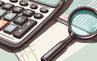 A magnifying glass hovering over a pile of utility bills and a calculator