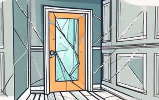 A broken glass insert in a door within an apartment setting