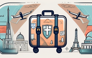 A suitcase adorned with various international landmarks