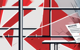 A broken glass window with an insurance policy document and a red "rejected" stamp nearby