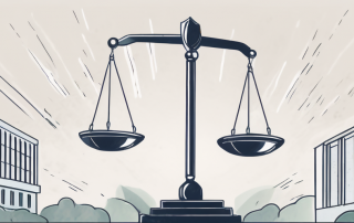 A scale balancing a shield symbolizing protection and a government building