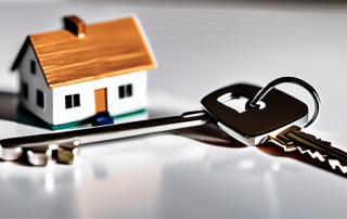 A set of keys on a table next to a house model