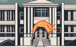 A building surrounded by elemental symbols like fire