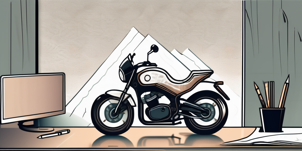 A motorcycle standing next to a shield symbolizing protection