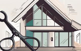 A residential building with a large pair of scissors cutting through a receipt