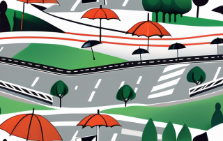 The nordschleife race track with various insurance symbols like shields and umbrellas integrated into the landscape