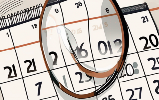 A calendar with a magnifying glass hovering over it