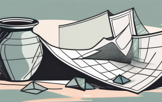 A broken vase with a document next to it