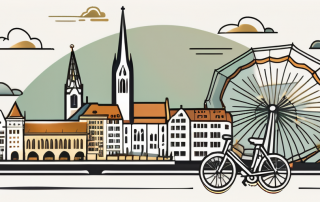 A golden insurance policy with the backdrop of basel city's iconic landmarks like the basel minster and the rhine river
