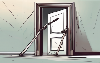 A broken crutch leaning against a closed door