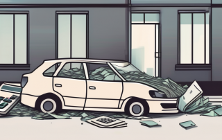 A car crash scene with insurance documents and a calculator