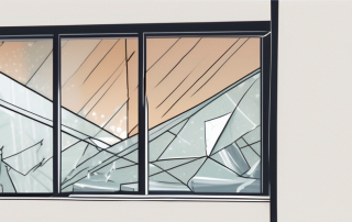 A broken window with shards of glass on the floor and an insurance policy document placed on a table nearby