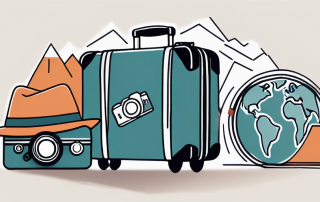 A travel suitcase with various travel essentials peeking out (like a camera