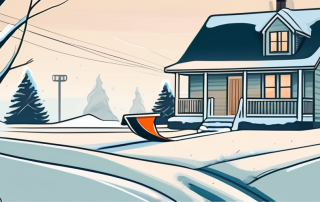 A snow shovel leaning against a snow-covered house with a neatly cleared path in the foreground