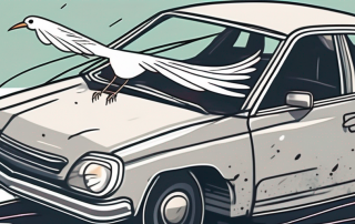 A crashed car with a noticeable dent and a fleeing bird