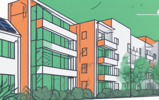 An apartment building with construction tools and modern elements like solar panels