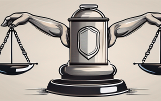 A balanced scale with a gavel on one side and a shield on the other