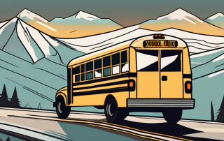 A school bus with luggage on top