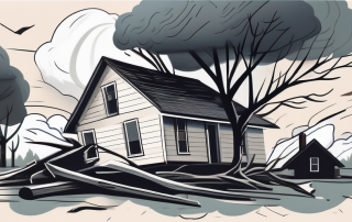 A stormy landscape with a damaged house and fallen trees
