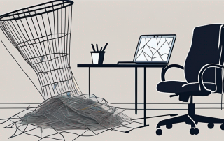 A broken office chair and a desk with scattered papers