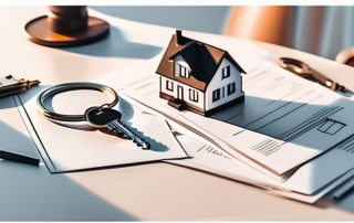 A landlord's keys on a table surrounded by various insurance policy documents and a small model house