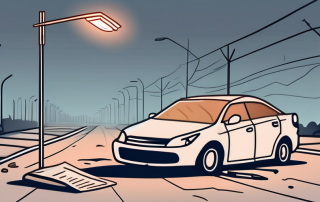 A crashed car with a broken street lamp nearby
