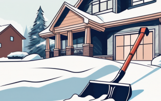 A snow shovel leaning against a snow-covered sidewalk next to a residential house