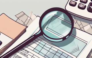A magnifying glass hovering over a pile of utility bills and a calculator