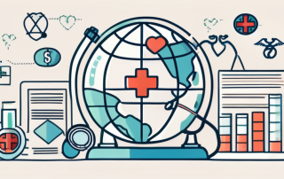 A globe with different health symbols like a stethoscope