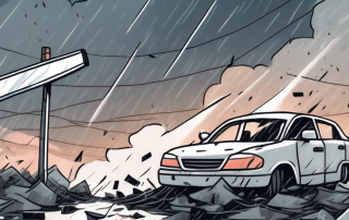 A car accident scene with scattered insurance papers and a broken insurance policy signpost